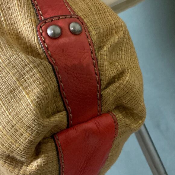 FOSSIL Red Leather Strap Tan Straw Woven Handbag Versatile - Picture 15 of 15
